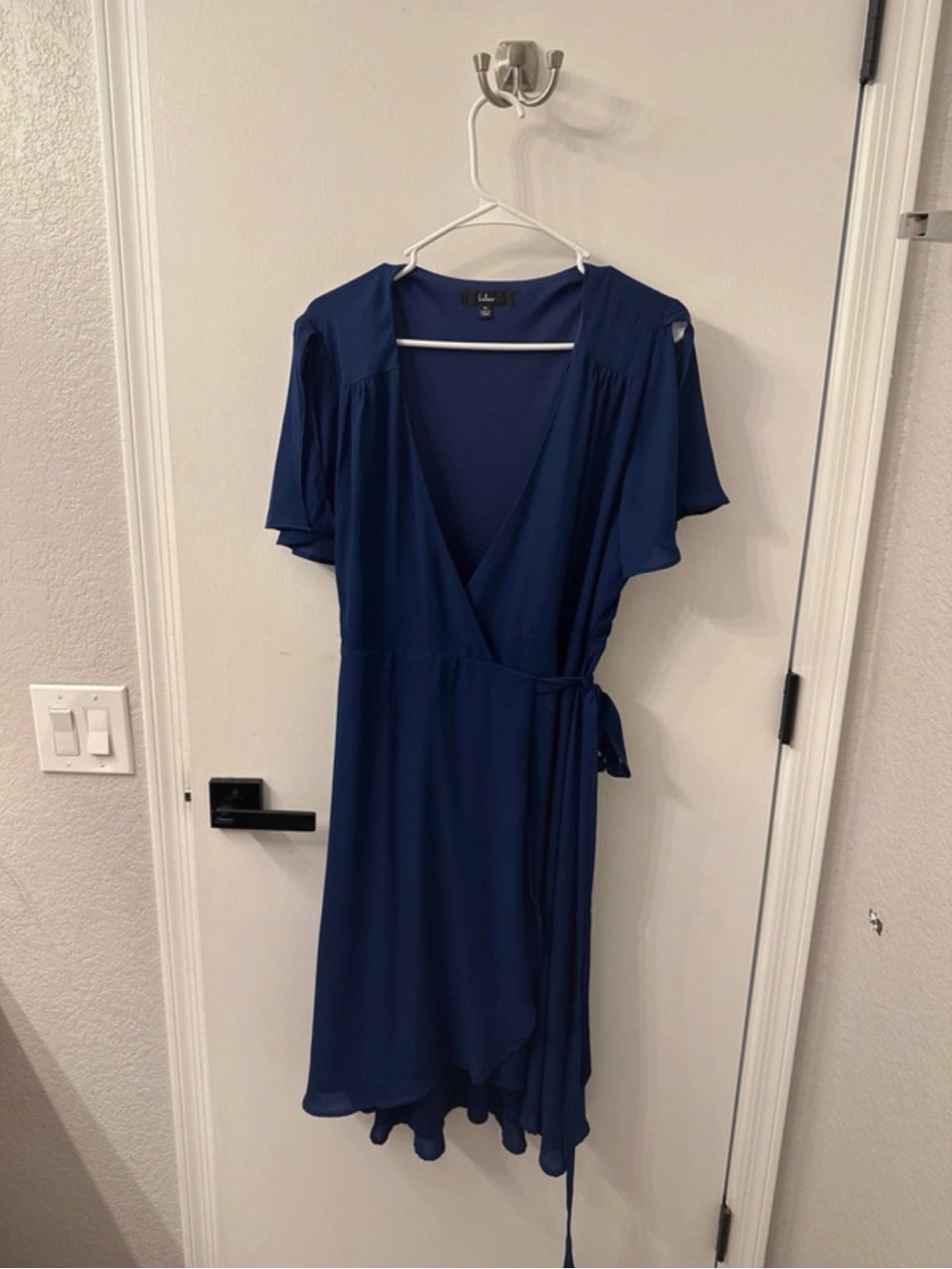 Deep Blue Wrap Midi Dress with Tie Waist